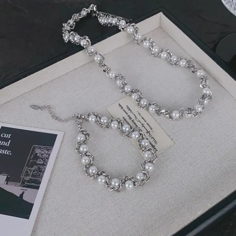 Collana Punk con Catena Spessa in Lega e Perle Imitate, Accessorio Gioiello per Feste Hip Hop, Casual e Business, Idea Regalo
