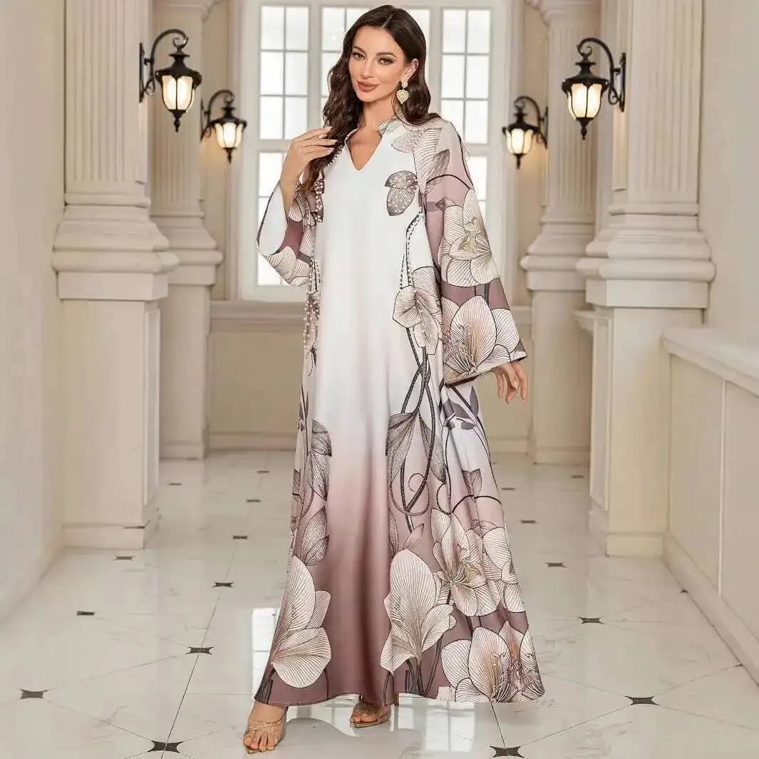 Abito Lungo da Donna Musulmana Sw2513 con Stampa e Perline, Vestito con Scollo a V, Abaya Elegante per Ramadan, Stile Dubai Islamico di Lusso