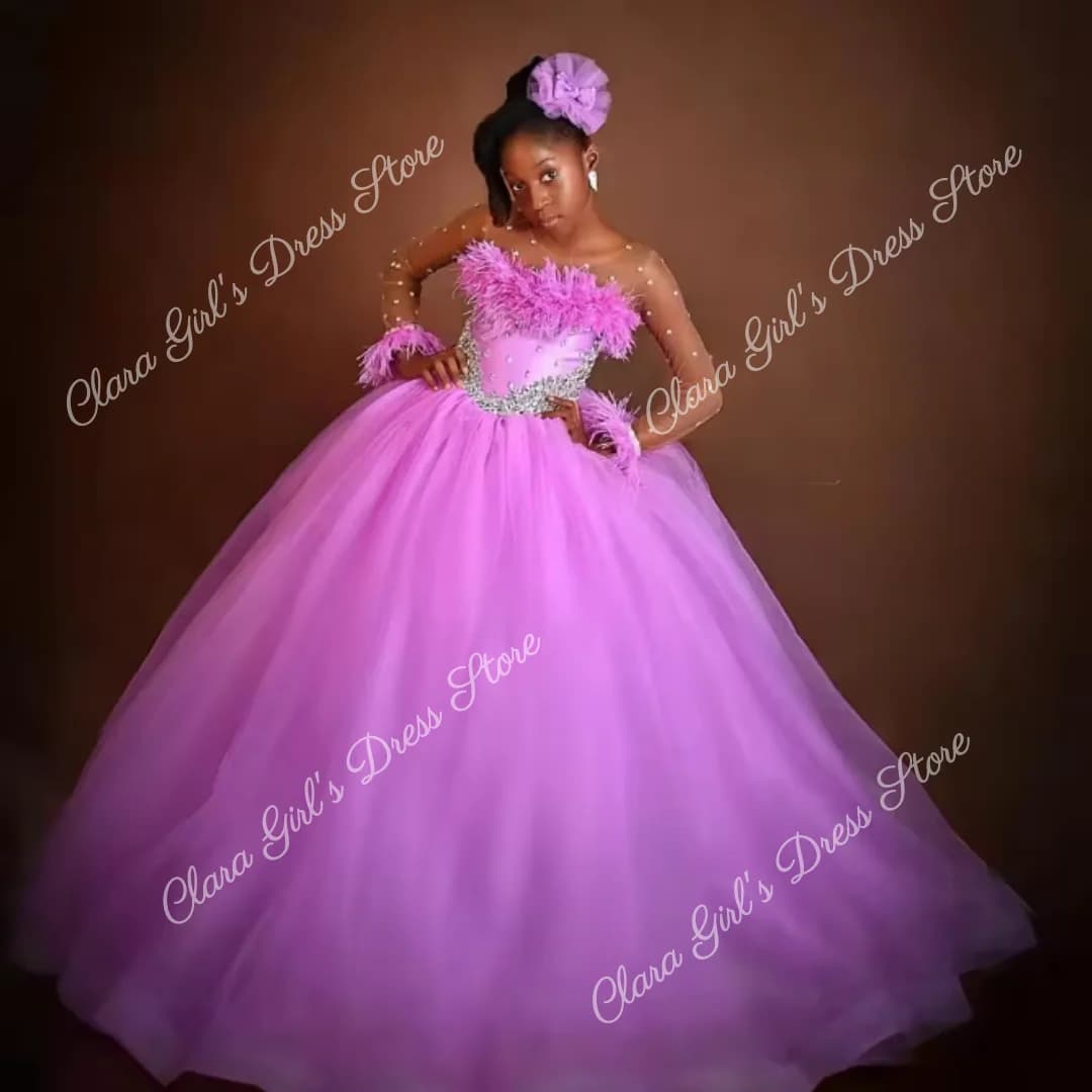 Abito da ragazza di fiori elegante personalizzato a maniche lunghe fino al pavimento adatto per matrimoni, feste di compleanno, prima comunione e ballo di fine anno