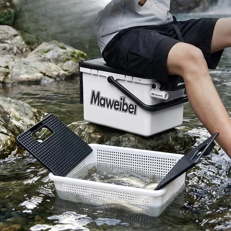 Fishing Bucket with Seat, Rod Holder & Built-In Live Well, Lightweight Thickened Tackle Box for Anglers, Portable Fishing Crate