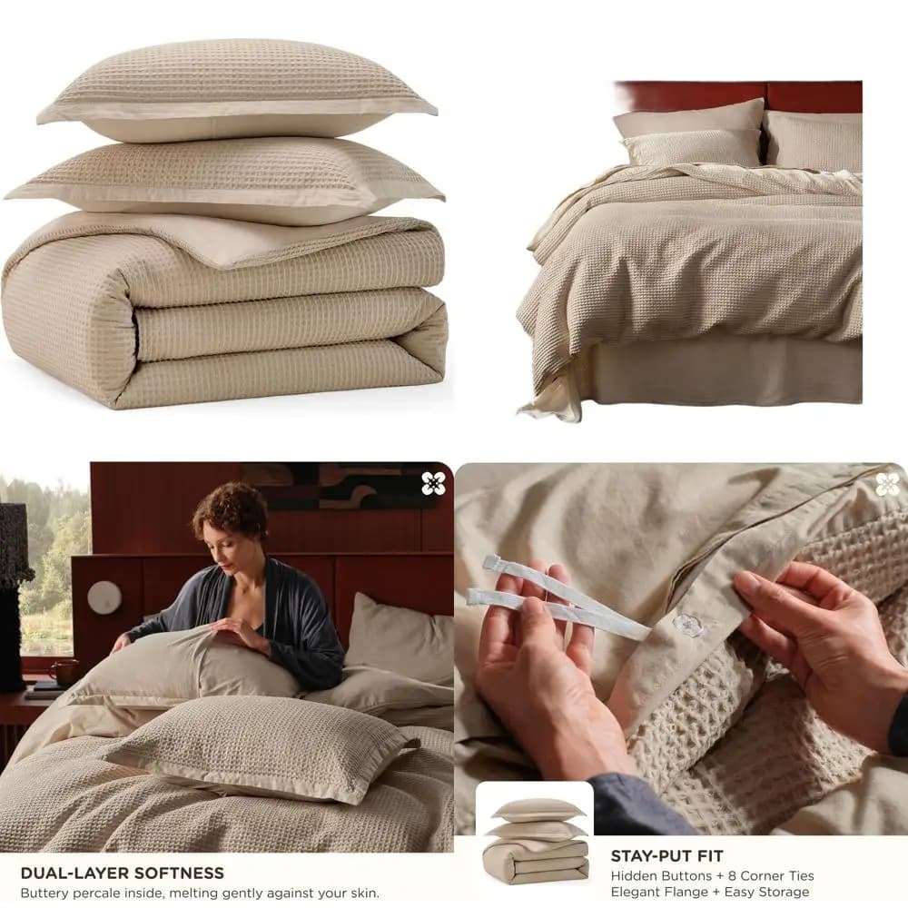 Copripiumino in cotone 100% a nido d'ape color kaki, set biancheria da letto morbido e traspirante color marrone chiaro, 3 pezzi, 90x90
