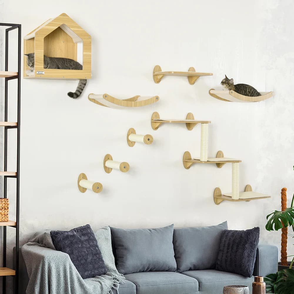 PawHut Unique 10-Level Wall-Mounted Cat Tree Made from Cat Shelves for More Height, with Cat Hammocks, Modern Design