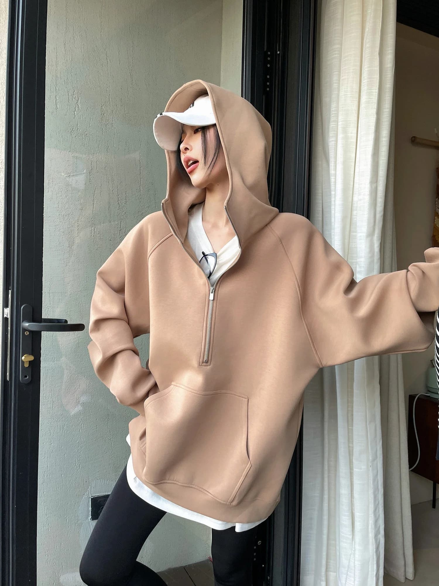 Loose Fitting Hooded Half Zip Air Layer Sweatshirt Women's Casual Comfortable Polyester Cotton Modal Spandex Blend Hoodie