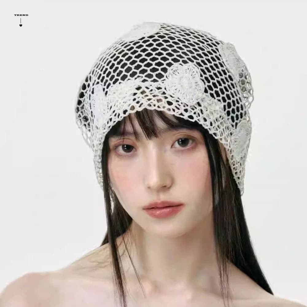 Retro Handmade Crochet Flower Hat Cute Thin Lace Beanies Hat Korean Hollow Out Weave Cap Girls