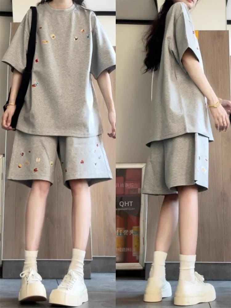 Casual American College Style Sportswear Set Women Summer Versatile Loose Cartoon Short Sleeve T-Shirt Shorts Two Piece Set