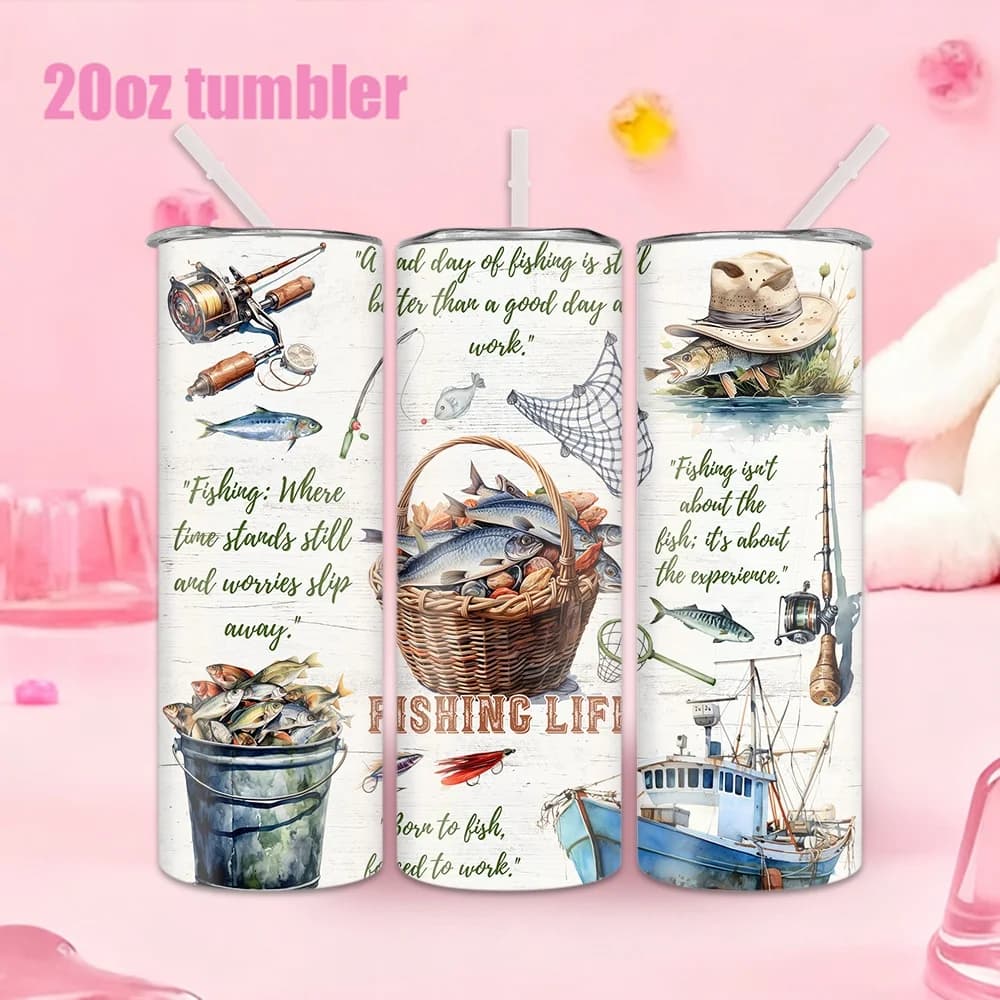 1 stainless steel water bottle with straw - Reason "Fishing Life" (design with fish and boats) - 20oz / 591ml