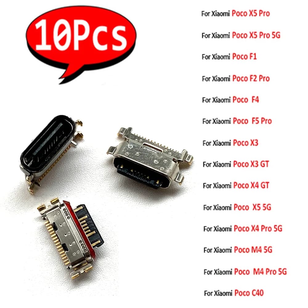 10Pcs，USB jack socket connector charger Charging Port For Xiaomi Poco Poco X5 Pro 5G M3 F1 X3 F2 F4 X4 GT C40 F5 M4 Pro 4G M5