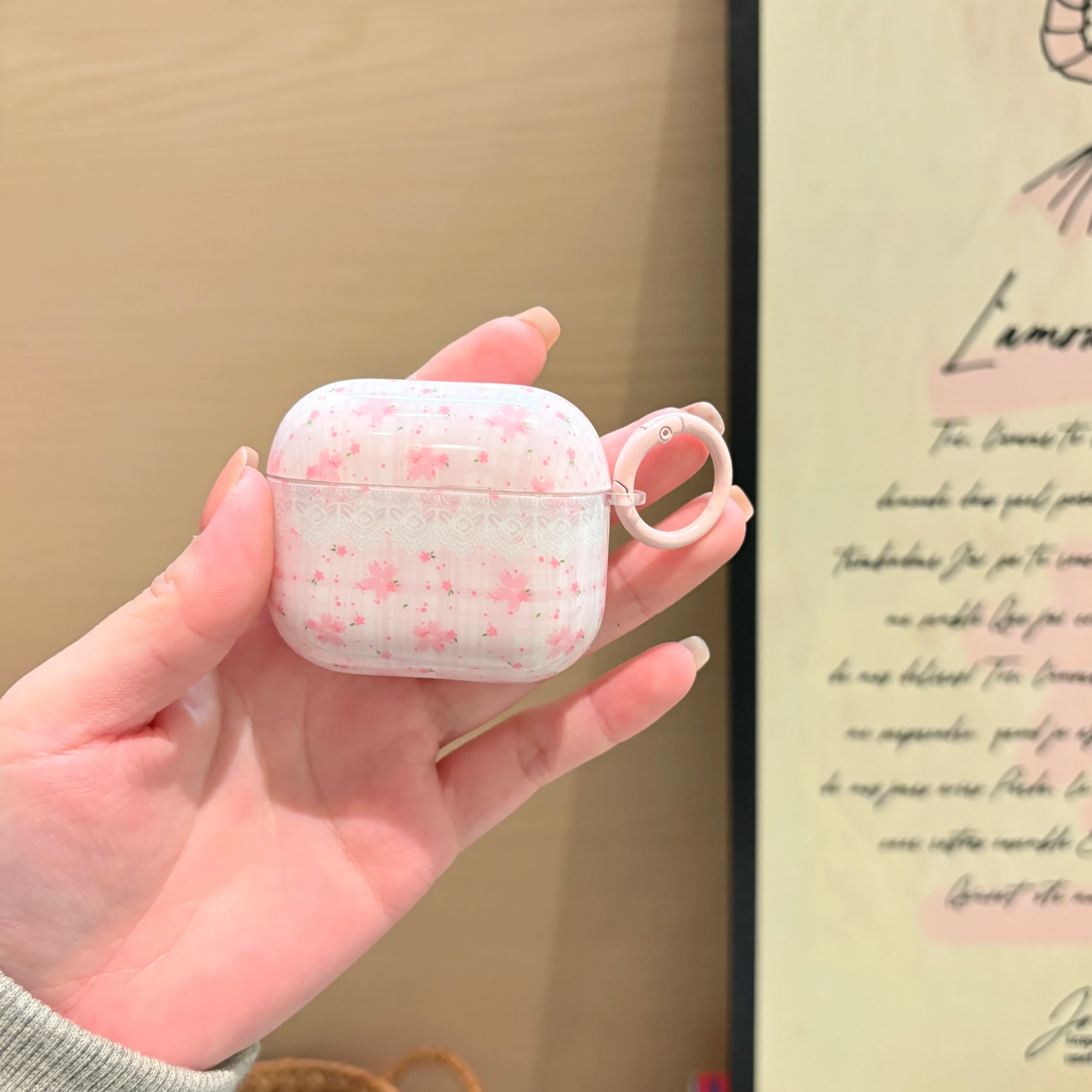 Custodia per auricolari con motivo floreale a quadri in pizzo rosa, unica e bella, con anello rosa, adatta per AirPods Pro3 Pro2 1 2 3 4 Pro
