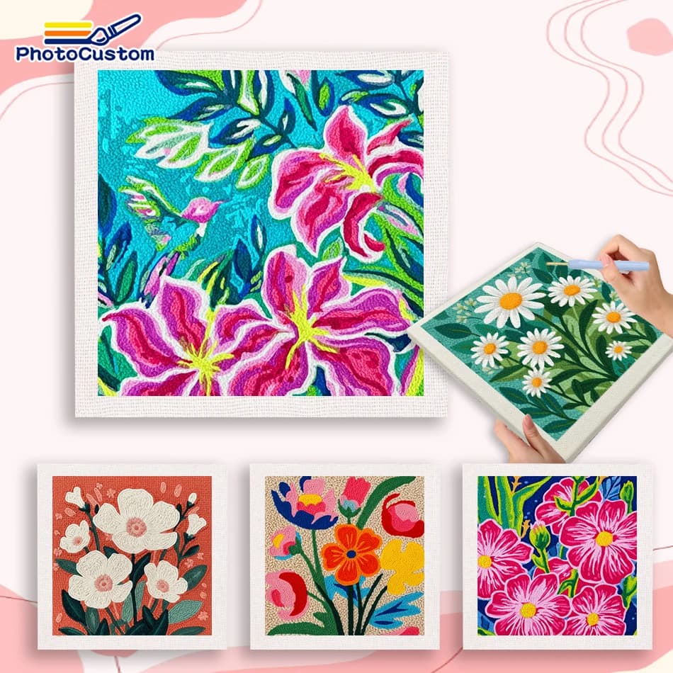 PhotoCustom Framed Colorful Flower Branches Punch Needle Embroidery Abstract Diy Kits Flower Needle Punch Kit Arts and Crafts Ar