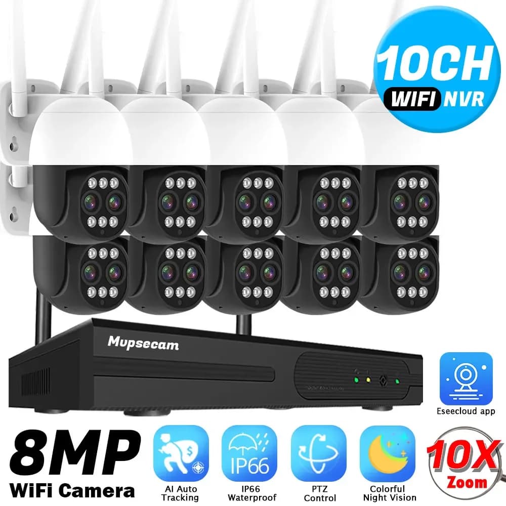 4K 8MP 5MP HD WIFI CCTV Sistema di sorveglianza Audio bidirezionale Impermeabile Dual-Lens PTZ WIFI Telecamera di sicurezza IP 10CH P2P NVR Kit video