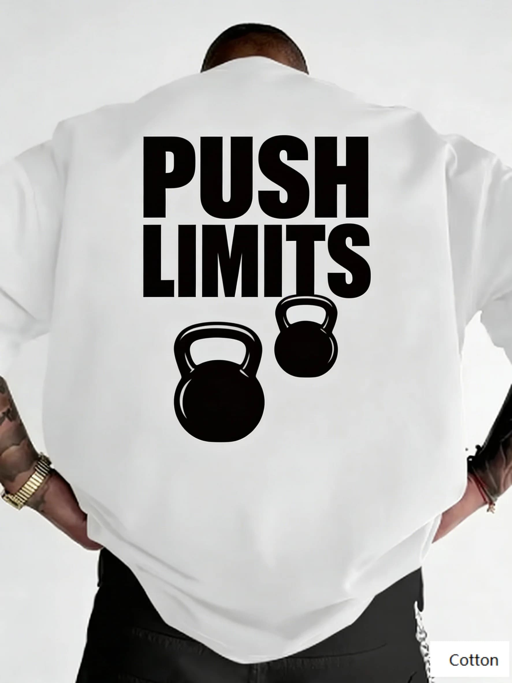 American hardcore style unisex cotton t-shirt with PUSH LIMITS motivational print and Kettlebell slogan, trendy casual top
