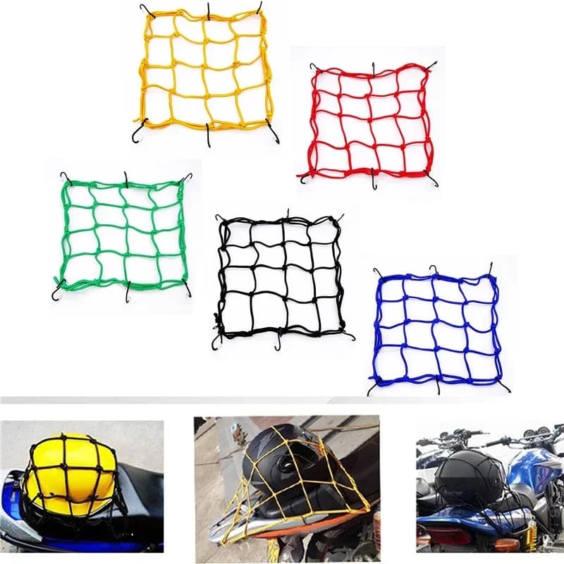Rete da carico per moto 30x30 cm Rete elastica per bicicletta per moto per riporre i caschi Rete per bagagli per serbatoio carburante Bungee con ganci