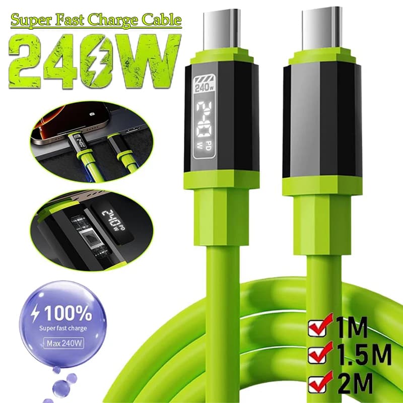 240W 10A Super Fast Charging Cables Silicone USB to C Type-C to C Green Thicken Cable For Xiaomi 17 Durable Quick Charging Cable