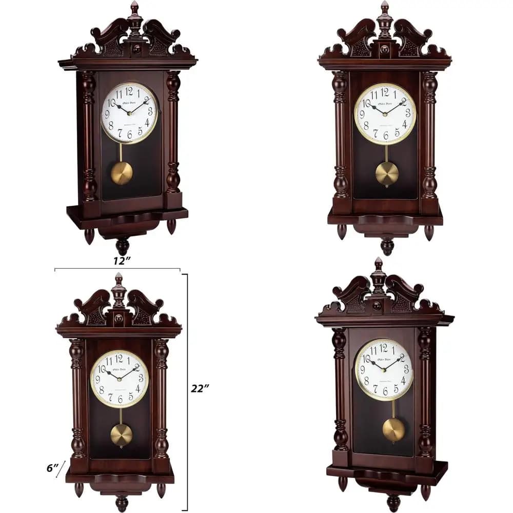 Wall Clock in Real Wood, 4 Sound Options, Scratching Pendulum, Ancient Vintage Design, Large 22 Inches