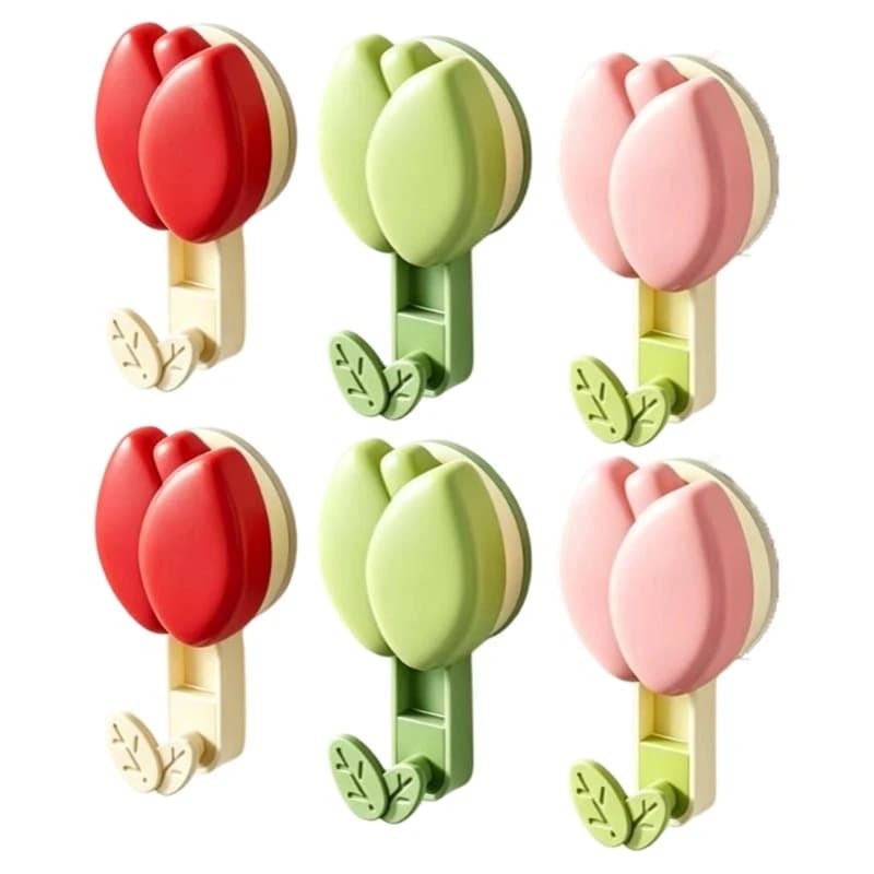 ABZL No Drill Removable Wall Hooks-Cute Tulip Shaped Suction Cup 6Pcs Decorative Hooks In Three Colors