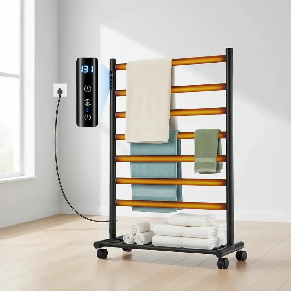 Scaldasalviette Riscaldato Migliorato, Scaldasalviette a 7 Barre, Scaldasalviette da Parete e da Terra per Bagno, con Timer e Controllo Temperatura