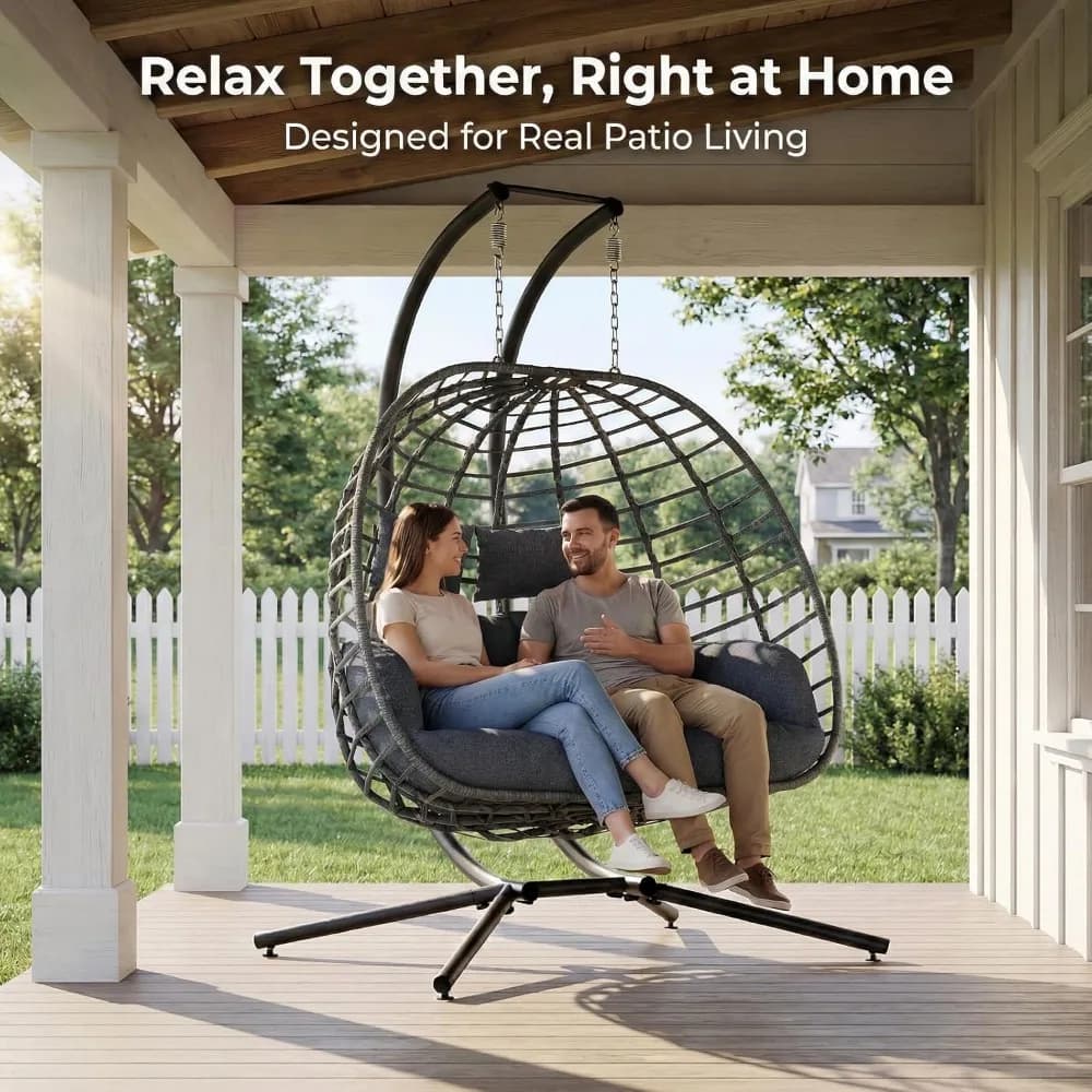 Sedia a dondolo doppia a forma di uovo con supporto, amaca sospesa in vimini per 2 persone con cuscino, per esterni, patio, giardino, interni, camera da letto, prato