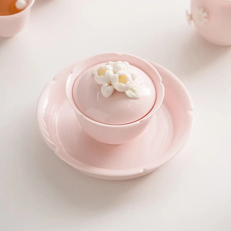 Peach Pink Pinch Flower Sancai Gaiwan Tea Cup Single High-end Handmade Household Ceramic Kung Fu Tea Set Tea Bowl Large Size