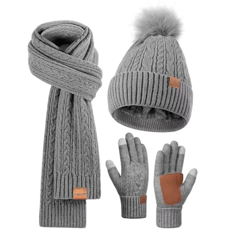 Set Invernale 3 in 1 per Donna: Berretto con Pompon, Scaldacollo in Pile e Guanti Touch Screen