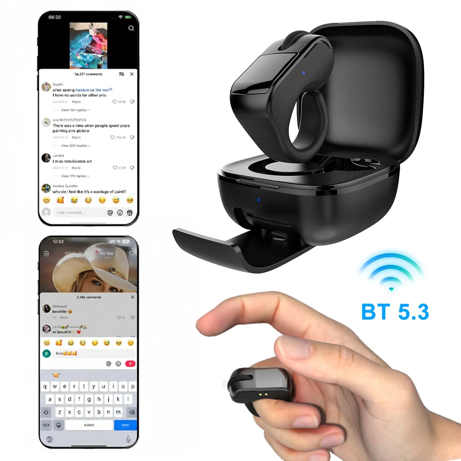 Telecomando Bluetooth 5.3 per Scorrimento e Controllo Video su Smartphone, Controller da Dito per Selfie Stick, Controllo Automatico delle Pagine