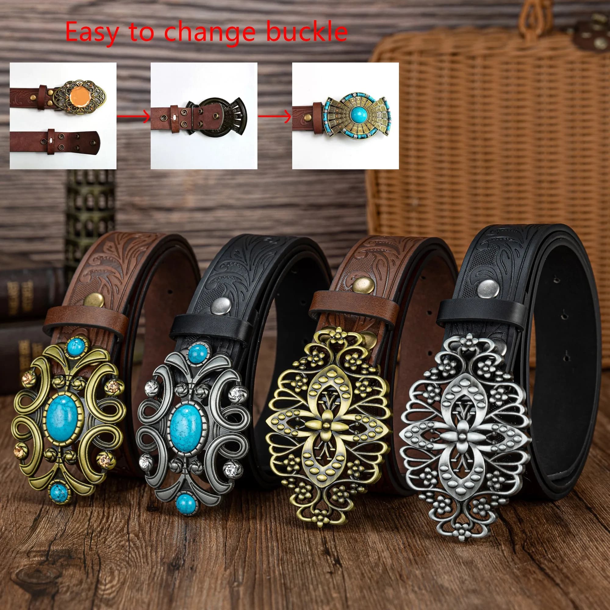 Sapphire line pattern flower big plate buckle simple suit PU belt with embossed buttons