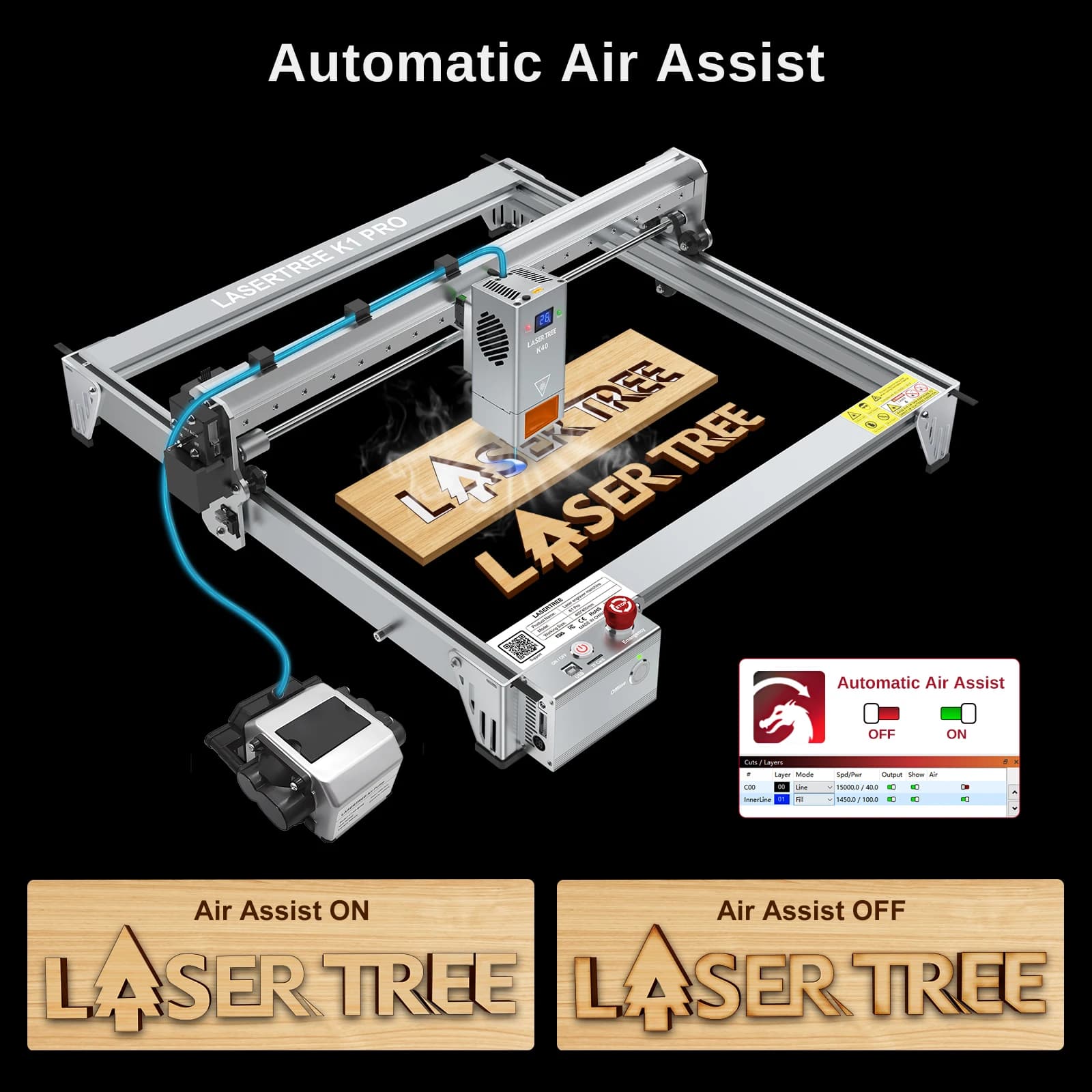 LASER TREE K1 PRO Laser Engraver with Laser Module 30W 40W Air Assist Wood Engraving Machine Woodworking Area 400X400mm