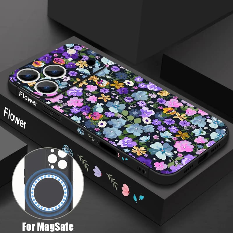 Magnetic Full Screen Flower Pattern Phone Case For iPhone 17e 17 16 15 14 13 Pro Max 16e For Magsafe Wireless Charge Soft Cover