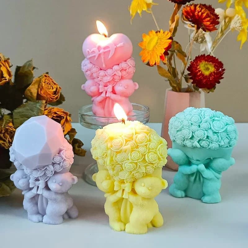 Stampo a forma di cuore con orso rosa, bouquet di fiori, San Valentino, stampo fai da te, a forma di cuore, in silicone