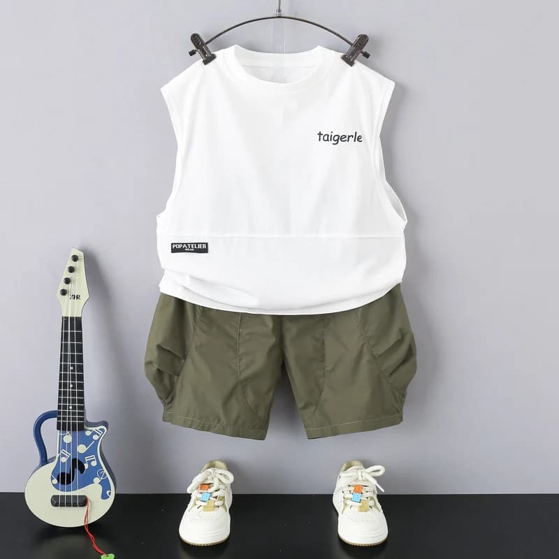 Completo estivo da ragazzo, gilet senza maniche alla moda, due pezzi, pantaloncini in cotone e fibra riciclata, abbigliamento sportivo casual per adolescenti
