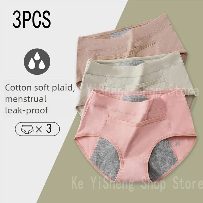 3 pezzi di biancheria intima da donna pantaloni fisiologici in cotone anti-perdite laterali con slip con tasca alta con cintura traspirante sul periodo sul cavallo