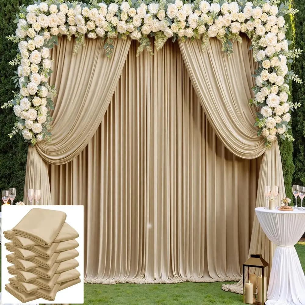 60×14 t Beige Backdrop Curtain or Wedding Parties, 12 Panels 14t Long Wrinkle ree Silky Polyester Backdrop Drapes Tan Photo Back