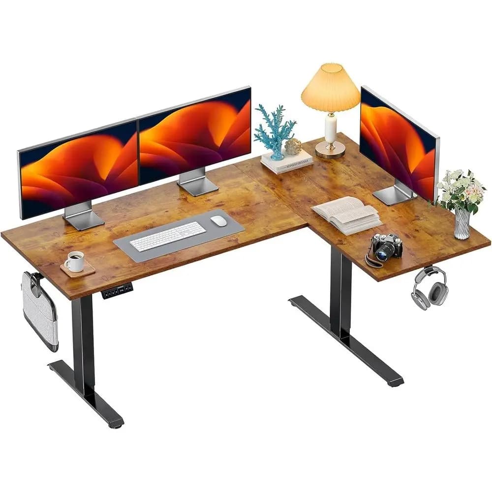 Scrivania elettrica a forma di L con doppio motore da 71x48 pollici, con 3 altezze preimpostate, tavolo per computer regolabile elettricamente in altezza, 2 ganci