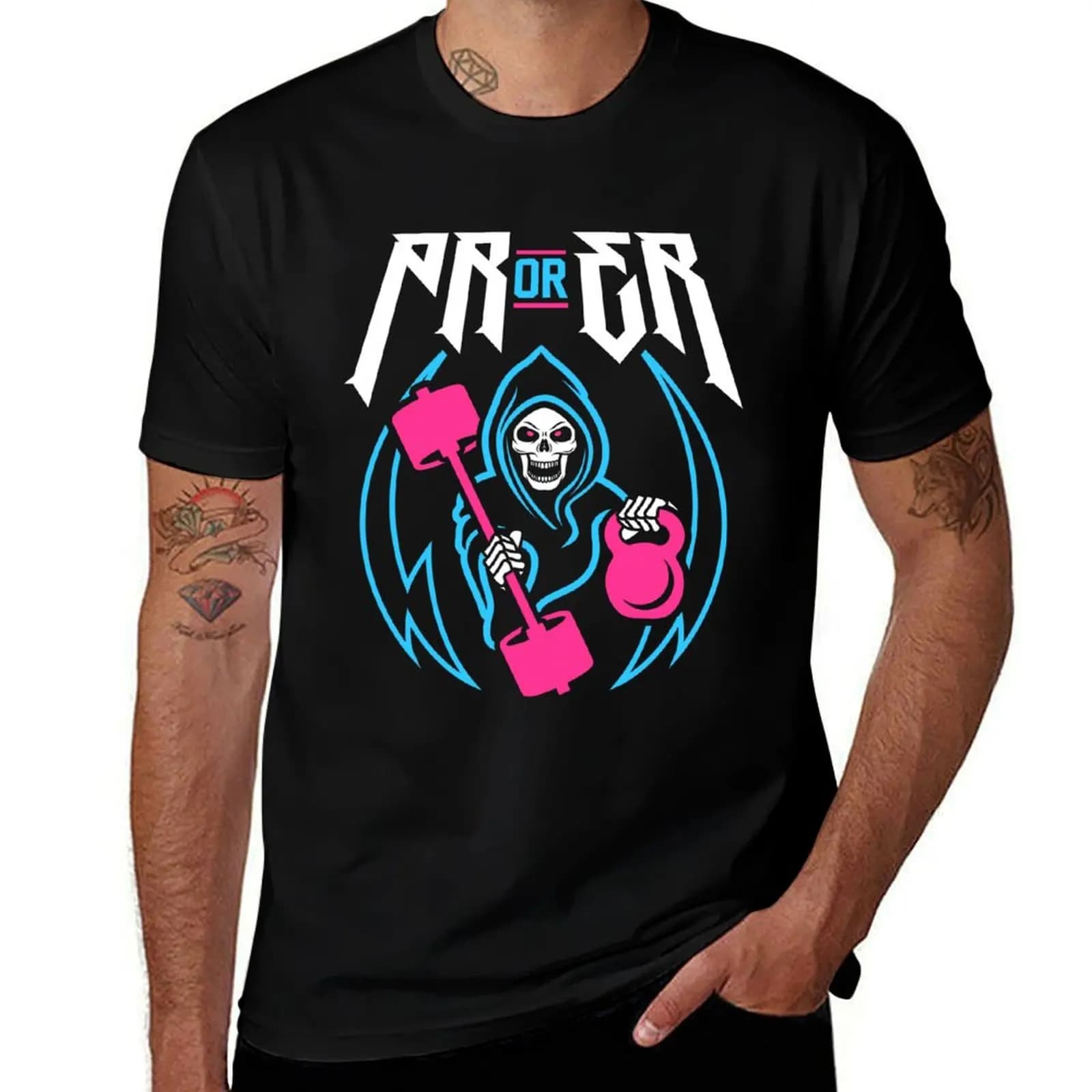 PR or ER (Gym Reaper Kettlebell & Barbell) Funny Gym Ego Lifting T-Shirt Work Basic Short Sleeve Top T-Shirt