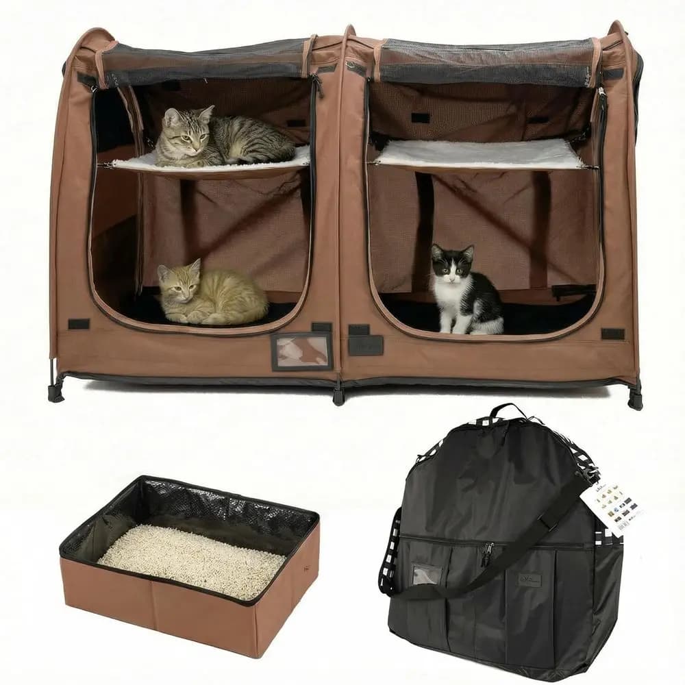 Cuccia per Gatti Portatile a Due Livelli con Borsa per il Trasporto, Amache e Lettiera Pieghevole