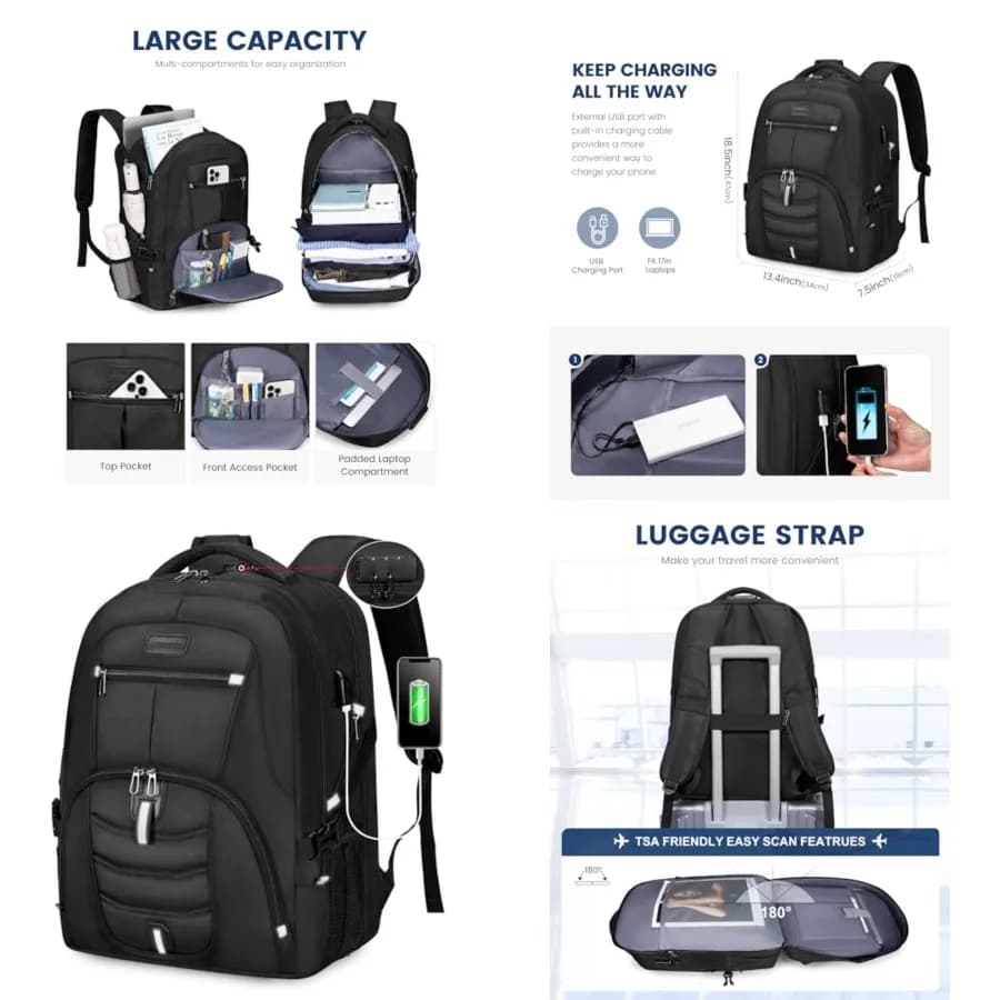 Zaino da Viaggio per Laptop Impermeabile Antifurto con Lucchetto e Porta USB per Ricarica, Grande Zaino per Computer da Lavoro per Uomini e Studenti