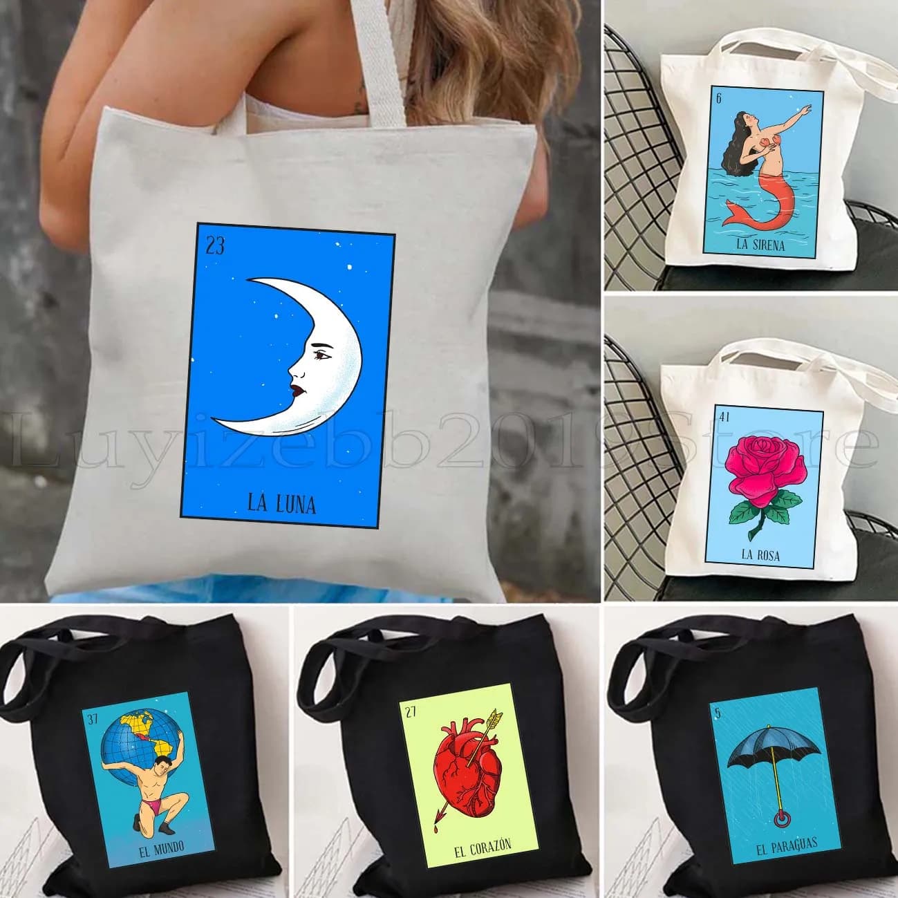 El Catrin Muertos Tarocchi Nopal ESTRELLA SIRENA Luna ROSA LA BANDERA MEXICAN LOTTERY Bingo Card Shopper Borsa tote in tela