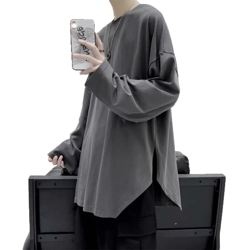 Men Irregular Hem Long Sleeve T Shirt Solid Loose Oversized Basic Undershirt Casual Streetwear Top For Autumn Winter