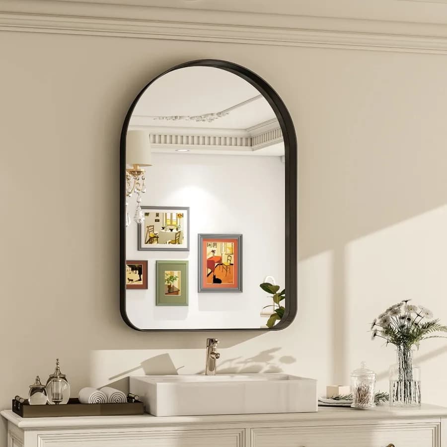 20"x30" Arched Bathroom Mirror Wall-Mounted Mirror with Deep Frame Black