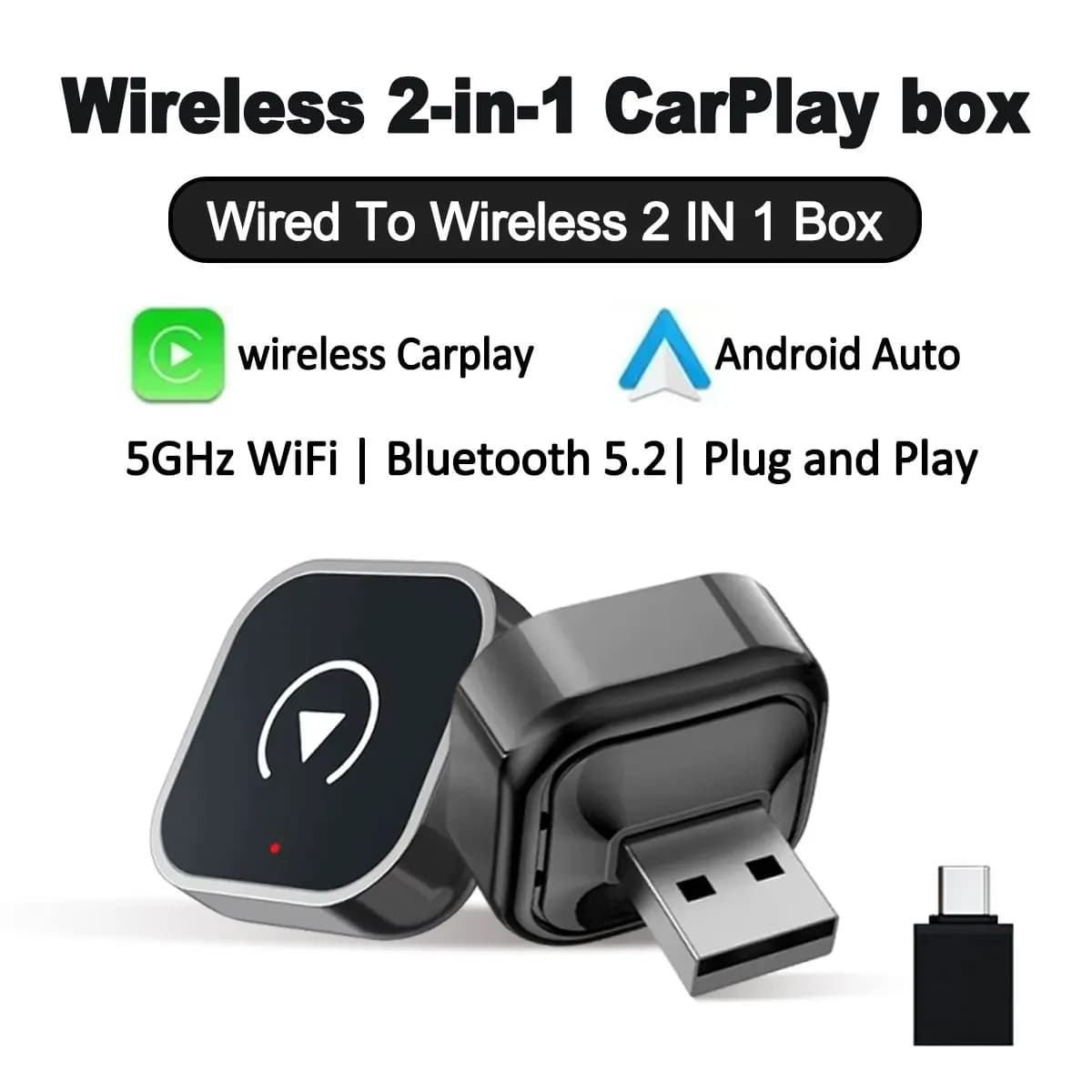 NUOVO Adattatore Wireless CarPlay Android Auto, Mini Box Intelligente Plug&Play per Volvo, Benz, MG, Kia, Chery, Ford, VW