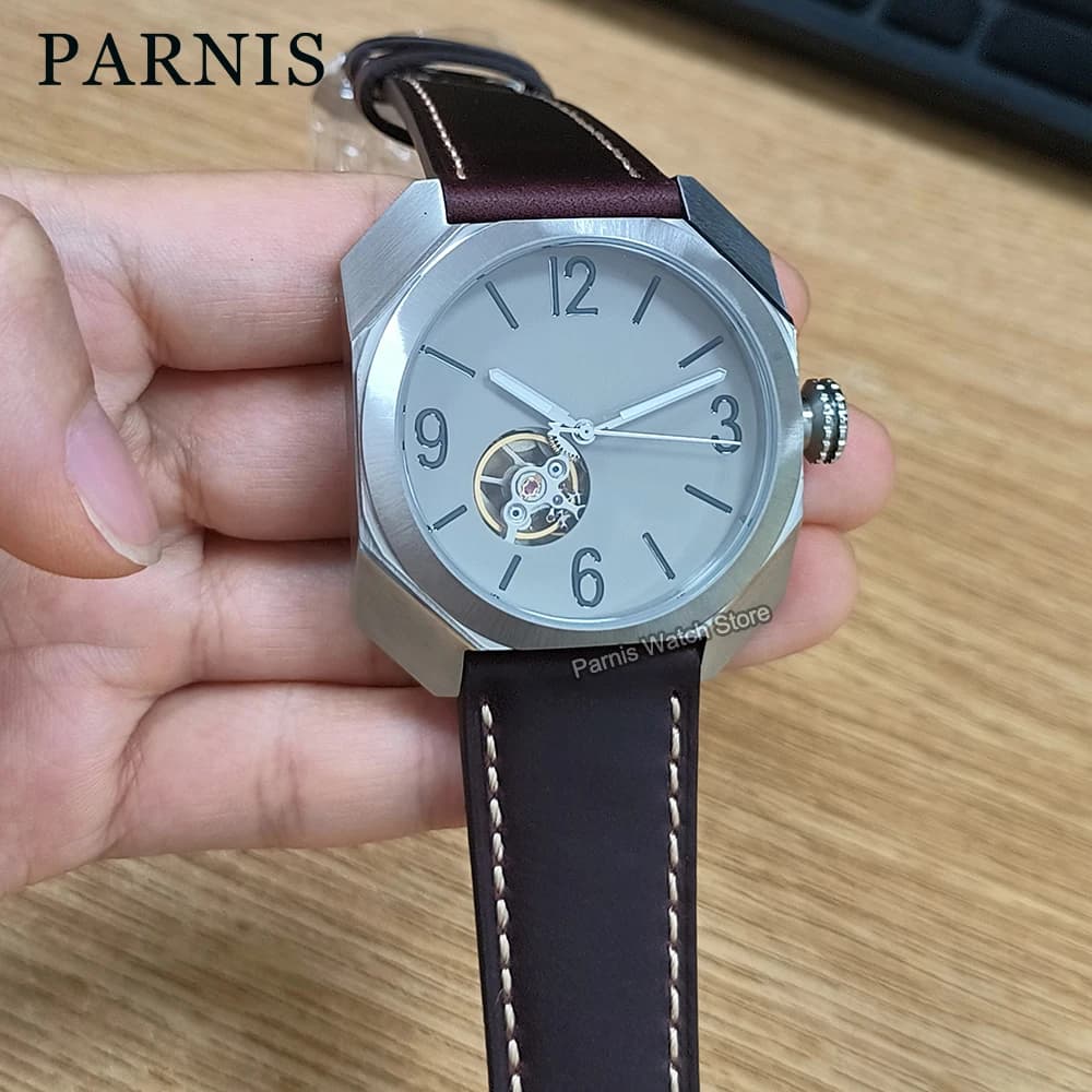 Orologio da Polso Meccanico Automatico Parnis 40mm per Uomo, Cassa Quadrata, Quadrante Grigio con Volano a Vista