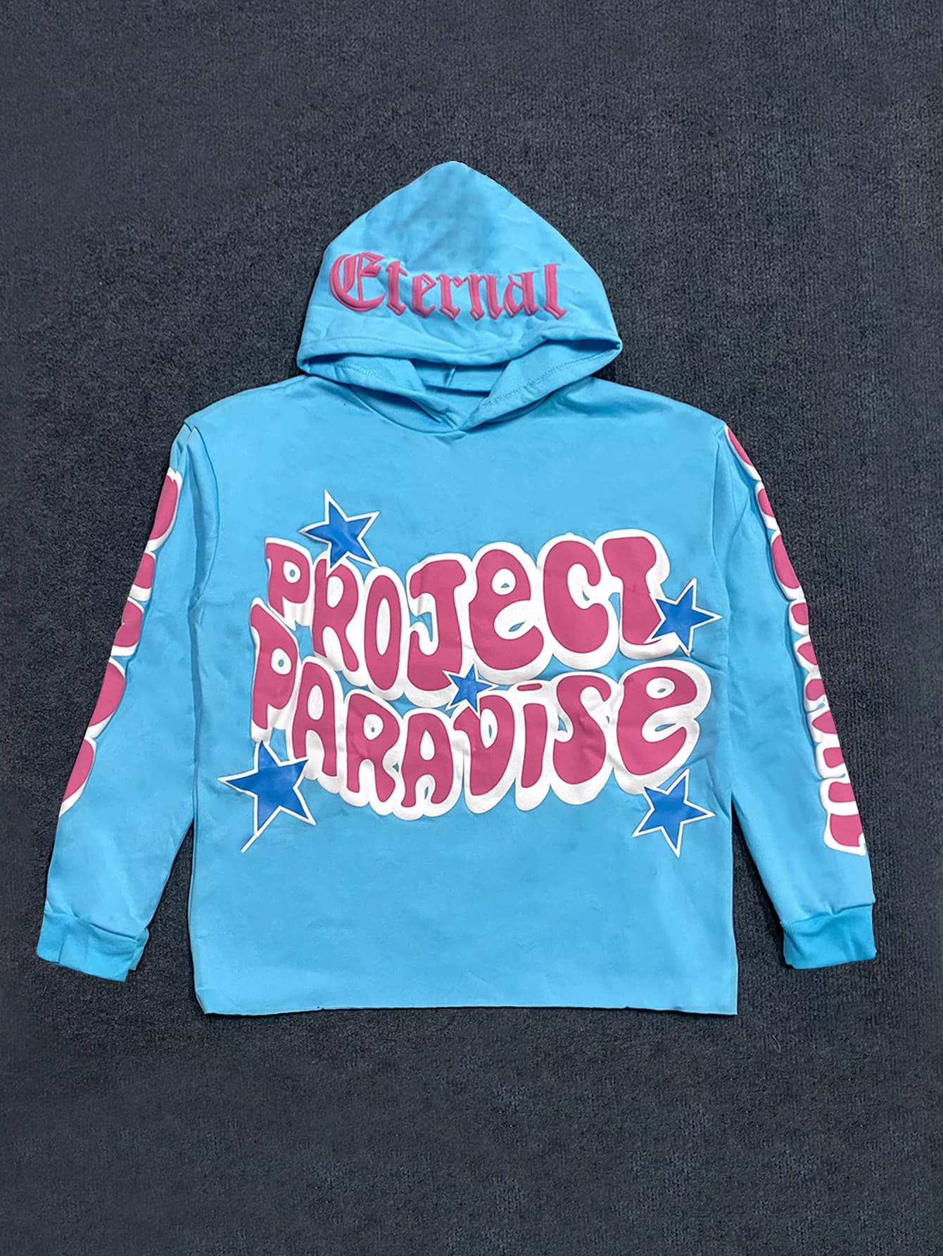 Street Fashion Women Oversized Blue Hoodie 3D Foam Letter Star Graphic Long Sleeve Hooded Sweatshirt Vintage Y2K Casual Pullover