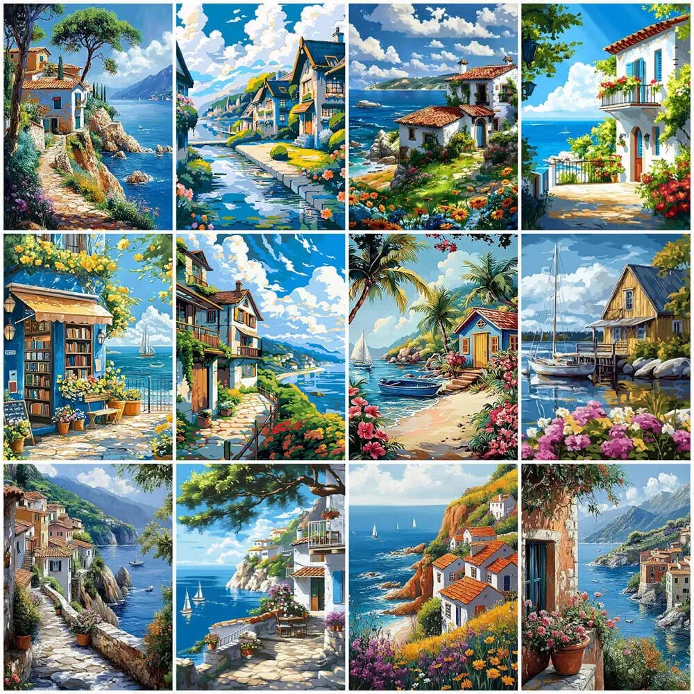 2026 DIY Digital Oil Painting Landscape House Seaside Adult Paint By Numbers Flower Coloring Numbers Town Diamond Kits Home De