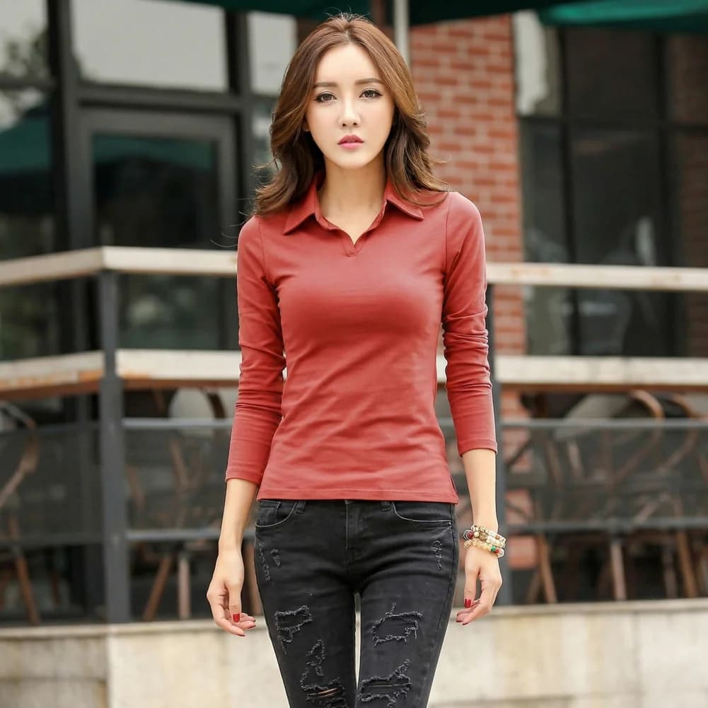 Top morbidi ed elasticizzati da donna, top a maniche lunghe con risvolto, camicie pullover slim fit, bluse morbide ed elasticizzate per lavoro, feste, appuntamenti