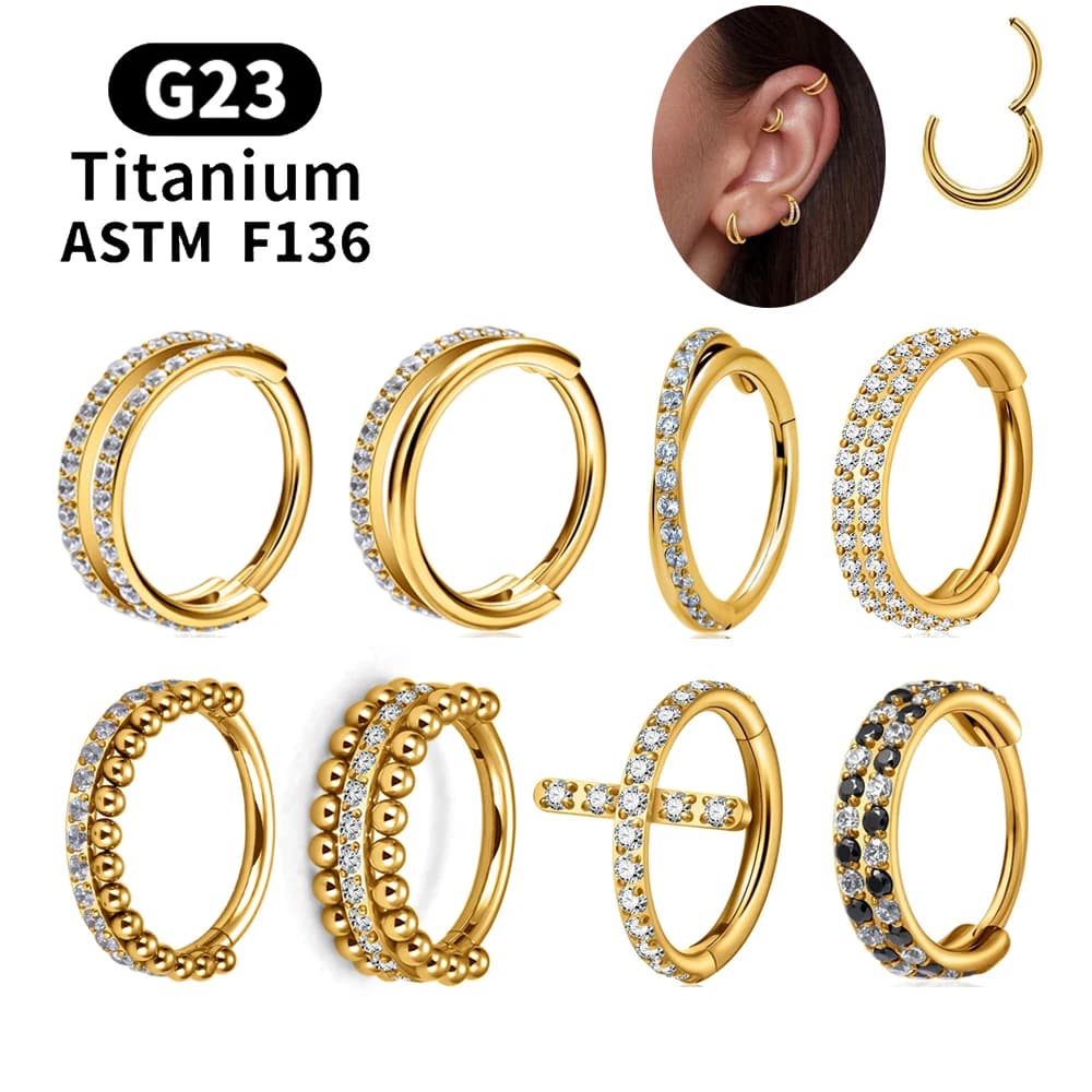 Orecchino a Cerchio con Cerniera in Titanio ASTM F136 16G CZ, Anello da Naso Clicker per Septum, Gioielli per Piercing Conch Tragus Helix