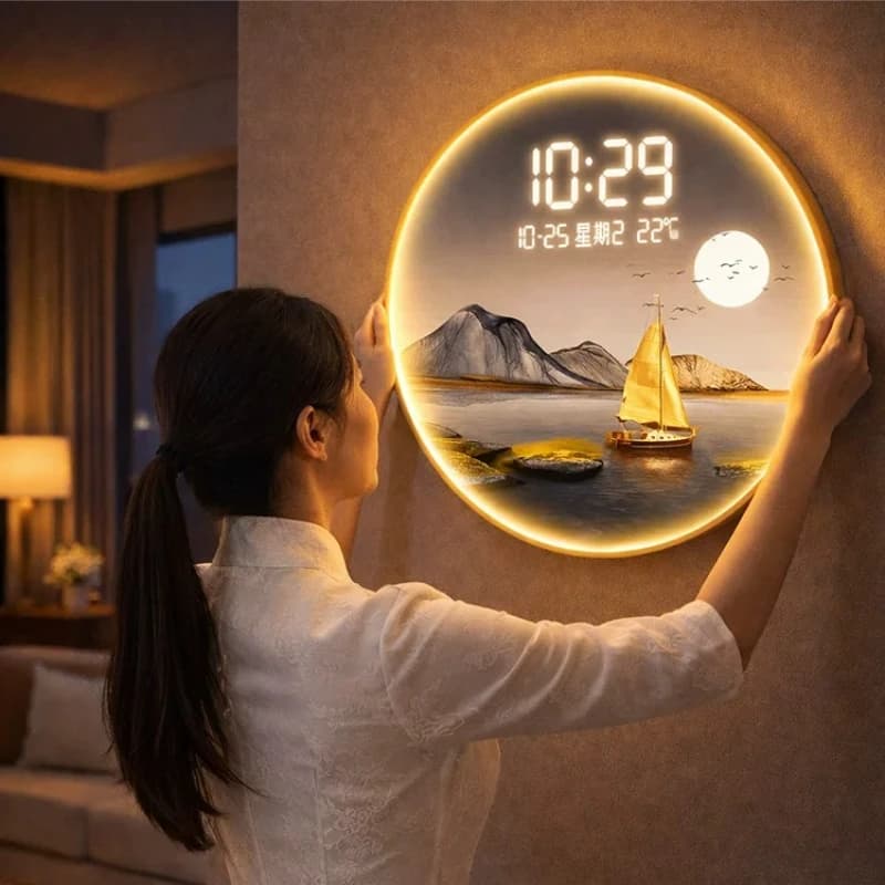 Round Elegant Wall Clocks Premium Night Light Design Aesthetic Digital Wall Clock Living Room Horloge Murale Home Decor Items