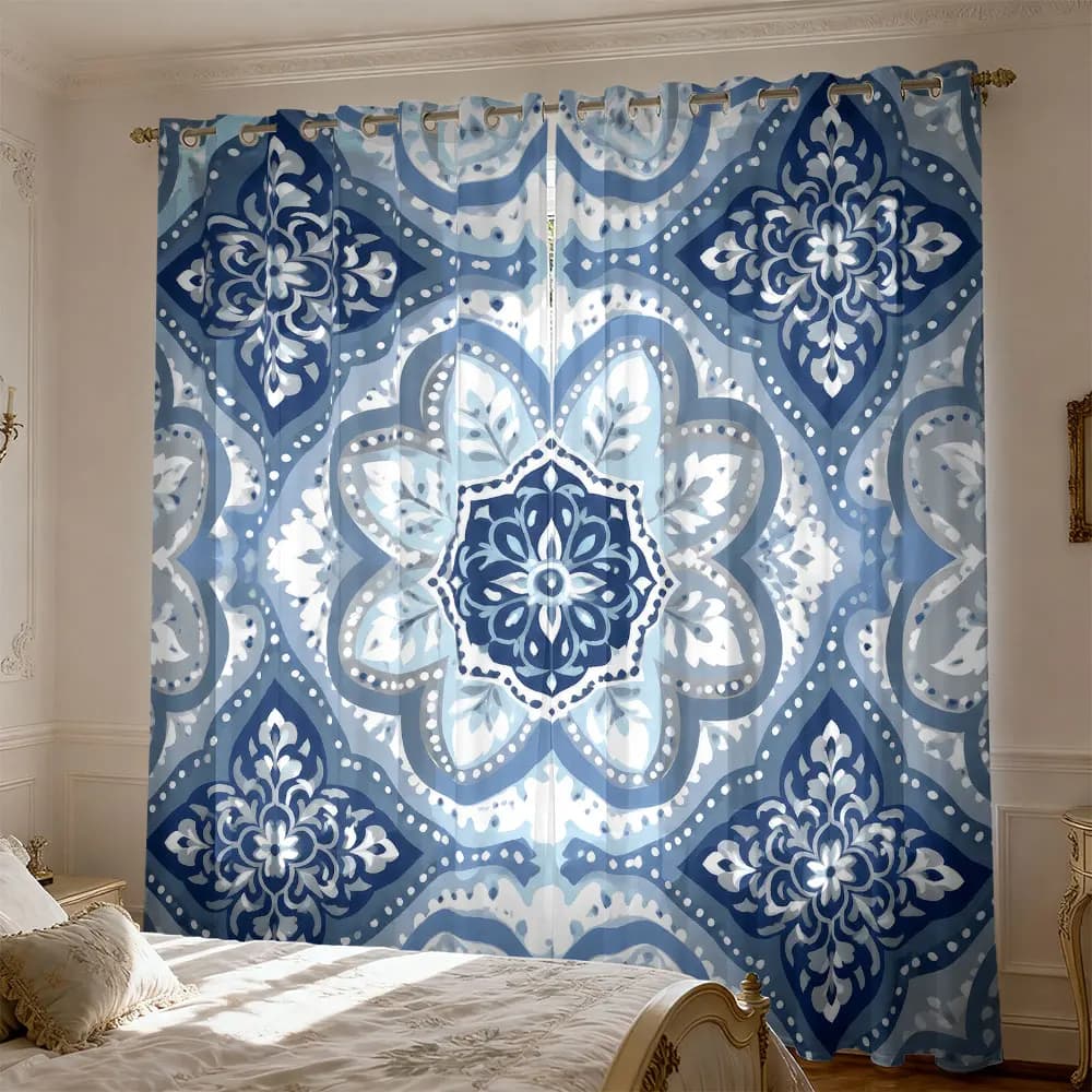 2PCS Vintage Indigo Mandala 90% Blackout Curtains, Bohemian Tile Pattern Thermal Insulated Drapes for Bedroom Living Room