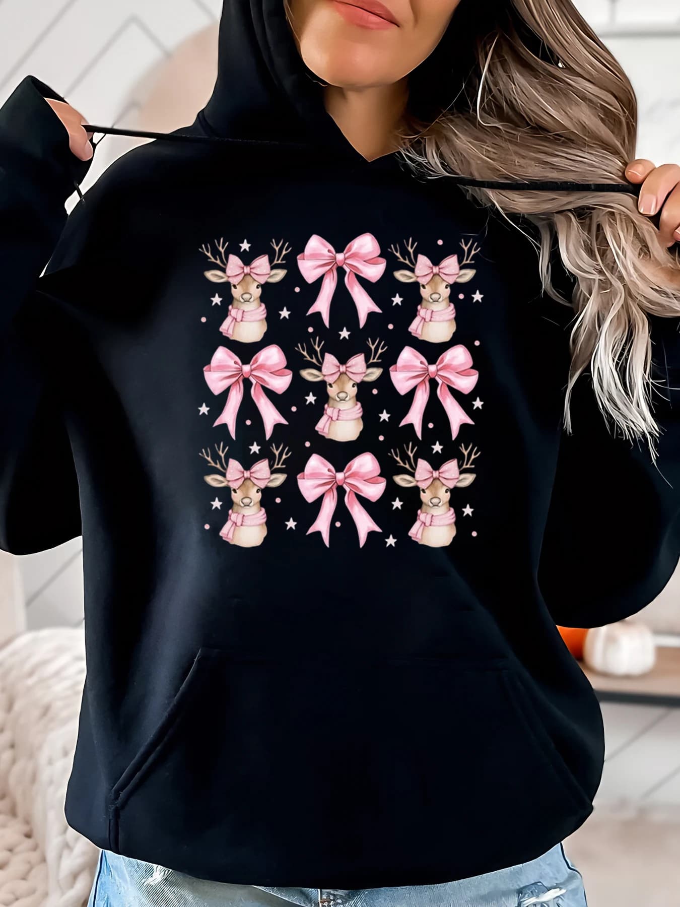 Felpa con cappuccio natalizia con stampa fiocco di cervo rosa Abbigliamento casual da donna per le vacanze Nero Taglie forti