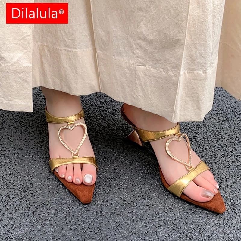 Dilalula 2025 Genuine Leather Strange Heels Mules Women Peep On Heart Shape Decoration Ladies Party Dating High Heels Slippers