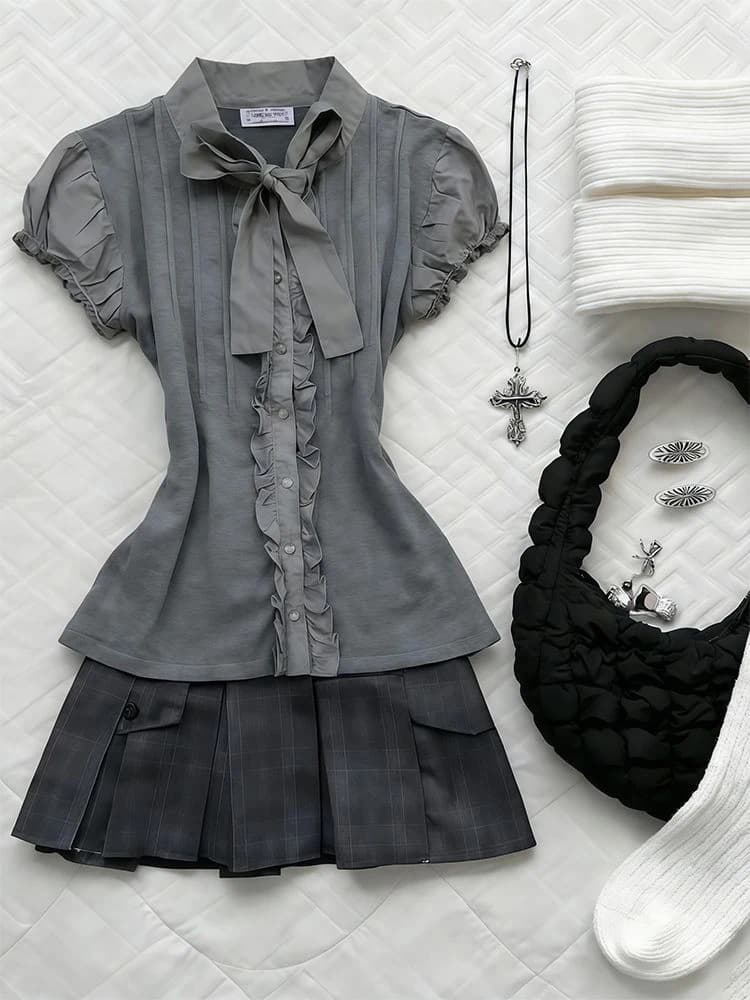 Grey Bubble Sleeve Waist-Cinching Short Sleeve Shirt Women's Summer 2026 New High Waist Slimming Half Skirt Two-Piece Set