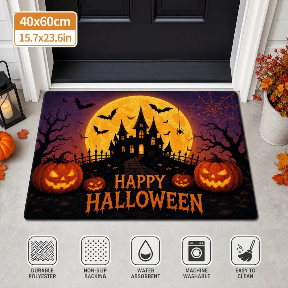 Ghost House Pumpkin Bat Spider Web Entry Mat 40 × 60cm Customizable Printed Floor Mat Halloween Atmosphere Decoration